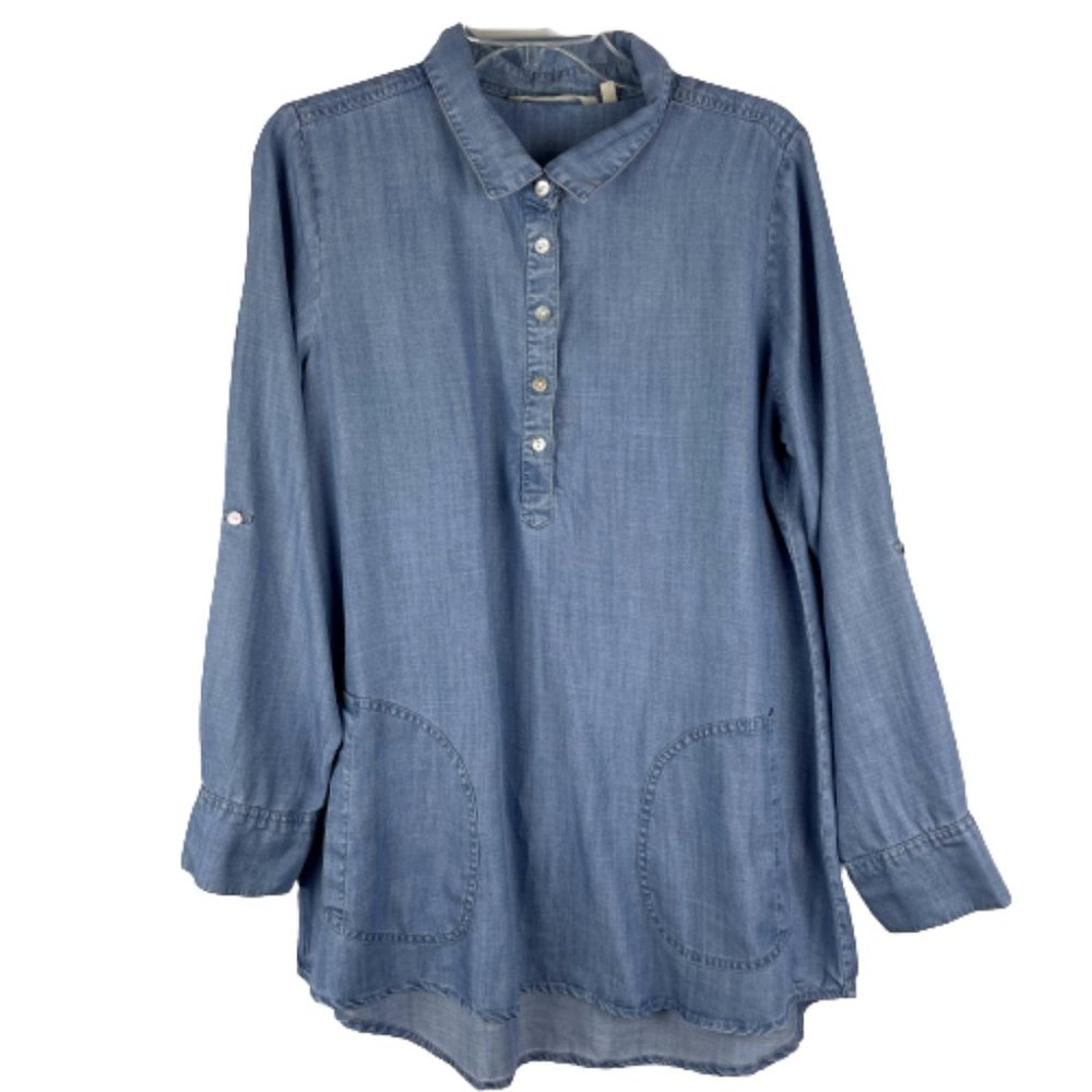 Soft Surroundings Top Shirt Denim High Low Button Front Blue